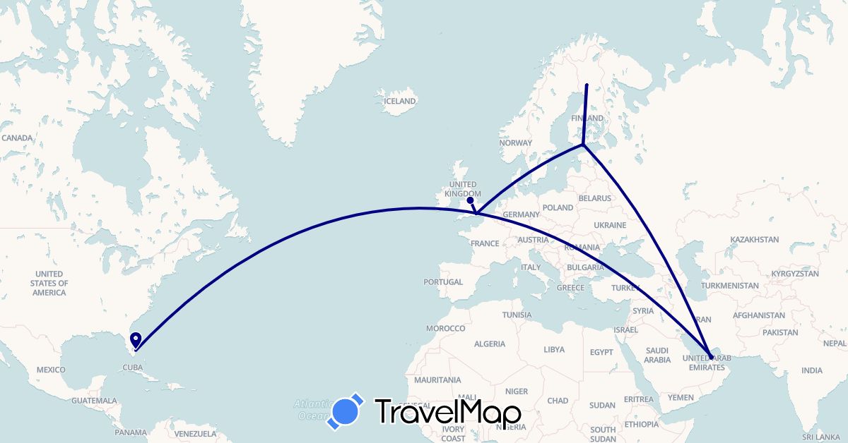 TravelMap itinerary: driving in United Arab Emirates, Finland, United Kingdom, United States (Asia, Europe, North America)