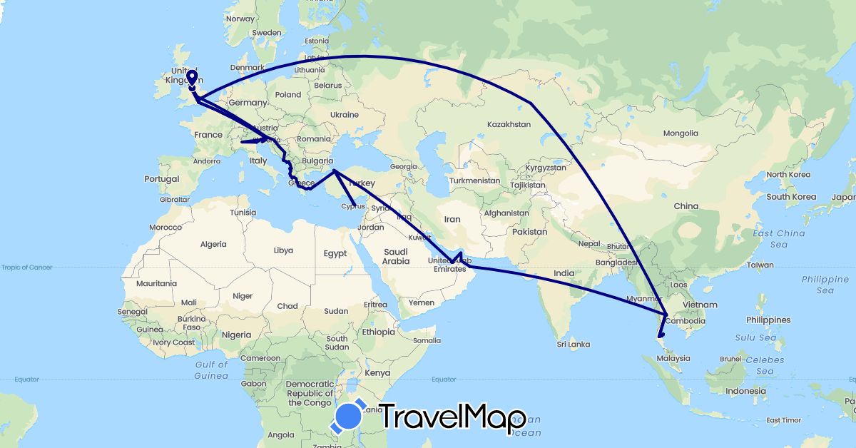 TravelMap itinerary: driving in United Arab Emirates, Albania, Bosnia and Herzegovina, Cyprus, United Kingdom, Greece, Croatia, Italy, Kazakhstan, Montenegro, Oman, Slovenia, Thailand, Turkey (Asia, Europe)